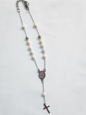 Silver Rosary Anklet/Bracelet with Multi Metallic Beads